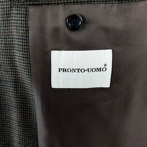 Pronto Uomo Wool 2 Button Sport Coat 44L Or Slim Fit 46L Brown Houndstooth Windo - Picture 7 of 10